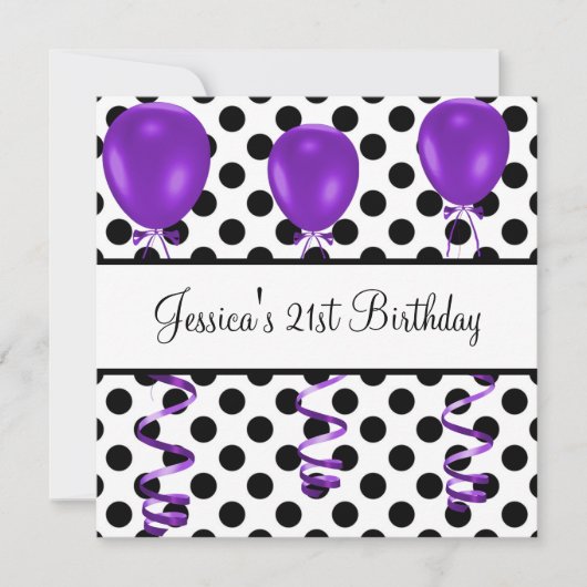 誕生日パーティー黒と白のスポット紫の風船 招待状 (正面)