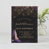 誕生日パーティー黒パープル金ゴールドグリッターダスト 招待状 (スタンド正面)