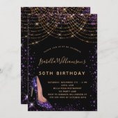 誕生日パーティー黒パープル金ゴールドグリッターダスト 招待状 (正面/裏面)