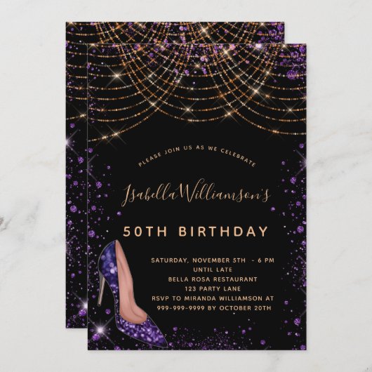誕生日パーティー黒パープル金ゴールドグリッターダスト 招待状 (正面/裏面)