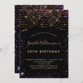 誕生日パーティー黒パープル金ゴールドグリッターダスト 招待状 (正面/裏面)