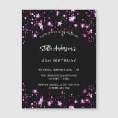誕生日パーティー黒ピンクの星ラグジュアリー マグネット招待状 (正面)