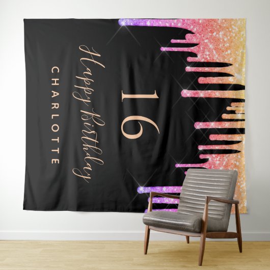 誕生日パーティー黒レインボーグリッターピンクパープル タペストリー (インサイチュ(横))