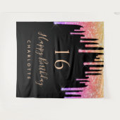 誕生日パーティー黒レインボーグリッターピンクパープル タペストリー (正面(横))