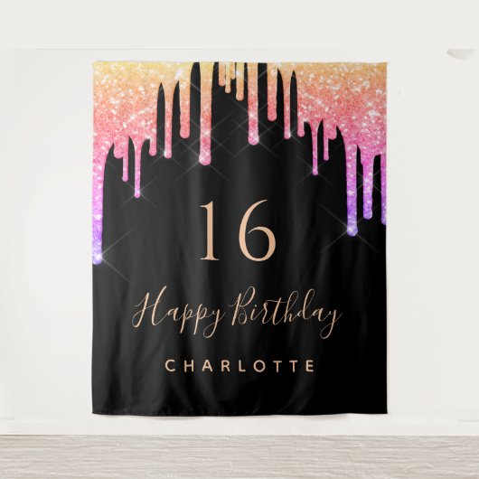 誕生日パーティー黒レインボーグリッターピンクパープル タペストリー (正面)