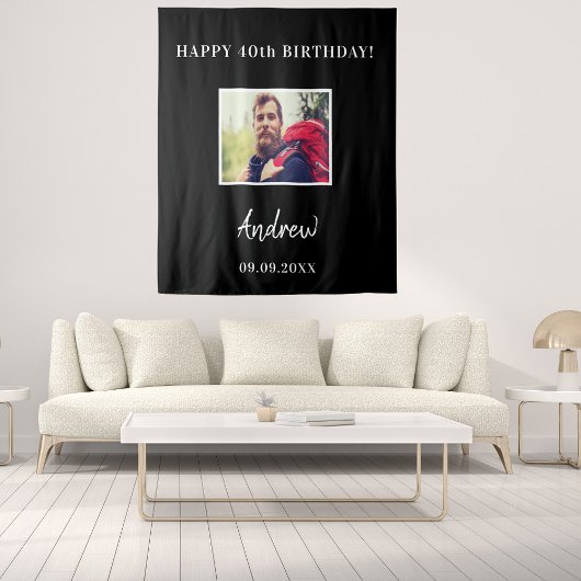 誕生日パーティー黒写真名ガイ タペストリー