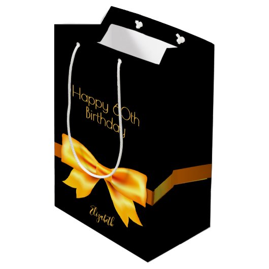 誕生日パーティー黒金ゴールドの弓名 ミディアムペーパーバッグ (裏面アングル)