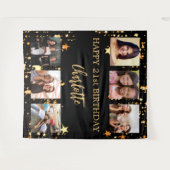 誕生日パーティー黒金ゴールド星写真コラージュ タペストリー (正面(横))