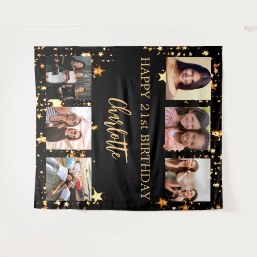 誕生日パーティー黒金ゴールド星写真コラージュ タペストリー (正面(横))