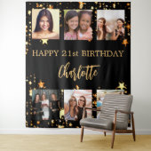 誕生日パーティー黒金ゴールド星写真コラージュ タペストリー (インサイチュ)