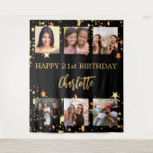 誕生日パーティー黒金ゴールド星写真コラージュ タペストリー (正面)