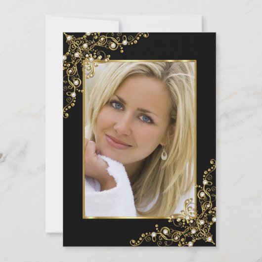 誕生日パーティー黒金ゴールド白写真 招待状 (裏面)
