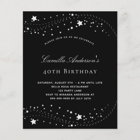 誕生日パーティー黒銀の星の予算エレガント額 チラシ (正面)