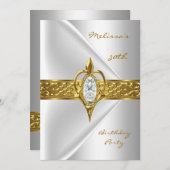 誕生日パーティー30thシルクホワイトダイヤモンド金ゴールドジュエル 招待状 (正面/裏面)