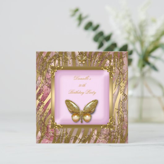 誕生日パーティー30thピンク金ゴールドゼブラバタフライ 招待状 (スタンド正面)