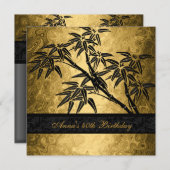 誕生日パーティー40thアジア金ゴールドバンブーブラックフローラ 招待状 (正面/裏面)