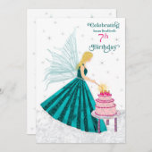 誕生日パーティー7年。ガールフェアリー照明キャンドル 招待状 (正面/裏面)