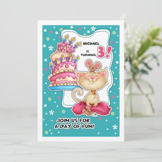 誕生日パーティー |おもしろい子猫&ネズミカスタム 招待状 (スタンド正面)