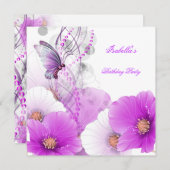 誕生日パーティー　かわいい花柄　ラベンダー色　白　蝶 招待状 (正面/裏面)