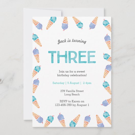 誕生日パーティー |アイスクリームのご招待 招待状 (正面)