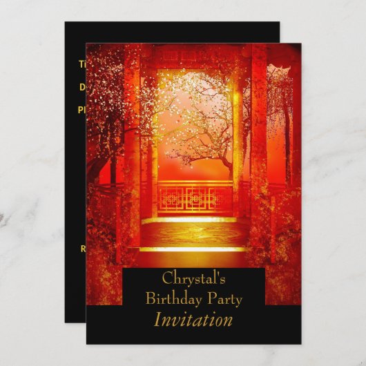 誕生日パーティー アジアンシーン 赤金 招待状 (正面/裏面)