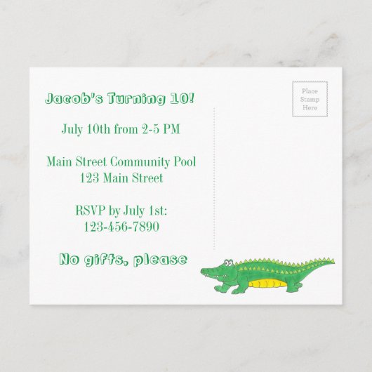 誕生日パーティー イエロー グリーン アリゲーター ワニ インビテーションポストカード (裏面)
