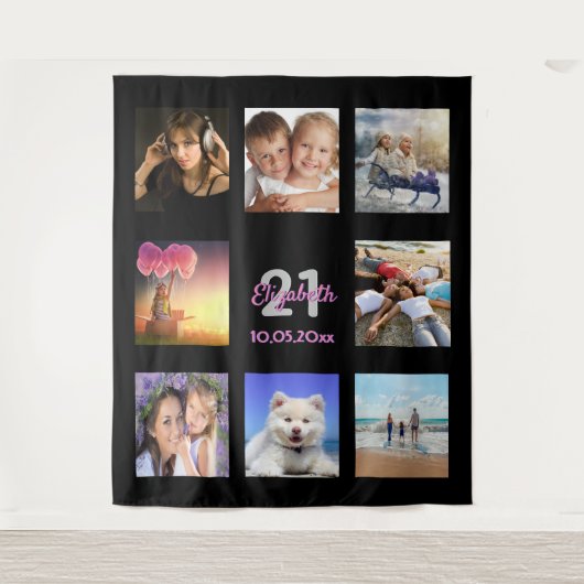 誕生日パーティー オーダーメイド フォトコラージュ ピンク 黒 タペストリー (正面)