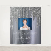誕生日パーティー カスタム フォト シルバー グリッター グラム タペストリー (正面)