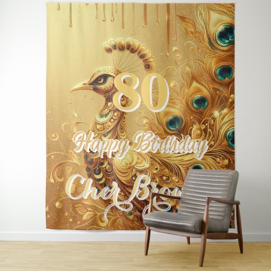 誕生日パーティー ゴールドドリッピング | グリッター ピーコック タペストリー (インサイチュ)