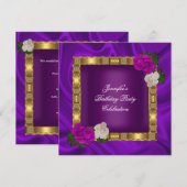 誕生日パーティー ゴールド パープル すもも ピンク ローズ 招待状 (正面/裏面)