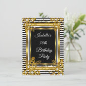 誕生日パーティー ゴールド ブラック ホワイト ストライプ フラワーリング 招待状 (スタンド正面)