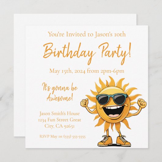 誕生日パーティー - サングラスをかけた笑顔の太陽 招待状 (正面/裏面)