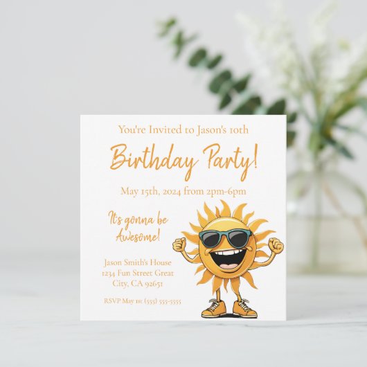 誕生日パーティー - サングラスをかけた笑顔の太陽 招待状 (スタンド正面)