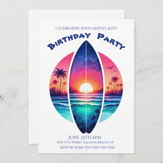 誕生日パーティー – サンセットのサーフボード 招待状 (正面/裏面)