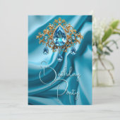 誕生日パーティー シルク パウダーブルー 宝石 ゴールド 招待状 (スタンド正面)