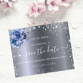 誕生日パーティー シルバー ブルー 予算を抑えた Save the Date チラシ