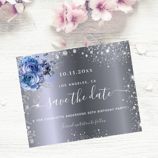 誕生日パーティー シルバー ブルー 予算を抑えた Save the Date チラシ