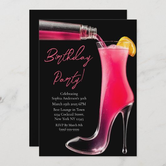 誕生日パーティー – スティレットとカクテル 招待状 (正面/裏面)