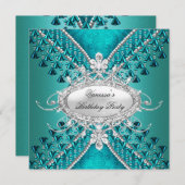 誕生日パーティー ティールブルー ダイヤモンド ビーズ 招待状 (正面/裏面)