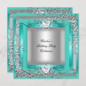 誕生日パーティー ティールブルー トルコイーズ シルバー 招待状 (正面/裏面)