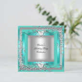 誕生日パーティー ティールブルー トルコイーズ シルバー 招待状 (スタンド正面)