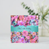 誕生日パーティー ティール ピンク 青 ピンク 蝶 招待状 (スタンド正面)