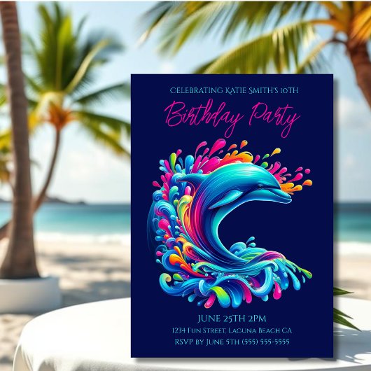 誕生日パーティー – ドルフィカラフルルスプラッシュ 招待状