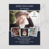 誕生日パーティー ネイビーブルー 写真コラージュ インビテーションポストカード (正面)