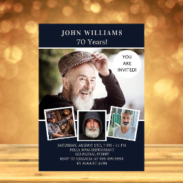 誕生日パーティー ネイビーブルー 写真コラージュ インビテーションポストカード