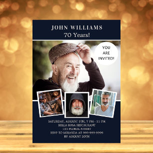 誕生日パーティー ネイビーブルー 写真コラージュ インビテーションポストカード