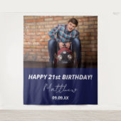 誕生日パーティー ネイビーブルー 白 フォト 男性 タペストリー (正面)