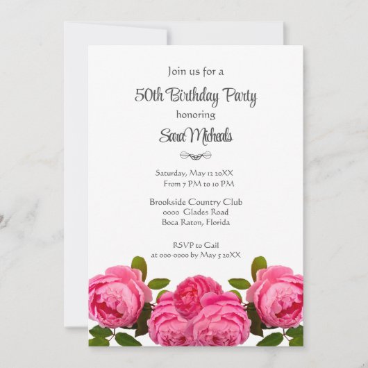 誕生日パーティー ピンクのバラのパーティー 招待状 (正面)