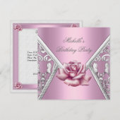 誕生日パーティー ピンクのバラ ダマスク シルバー 画像 招待状 (正面/裏面)
