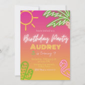 誕生日パーティー – ピンクネオン 招待状 (正面)
